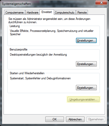 Dialog 'erweiterte Systemeigenschaften' screenshot